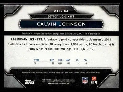 2015 Topps Calvin Johnson #ATFL-CJ All Time Fantasy Legends Detroit Lions - Football Card Single