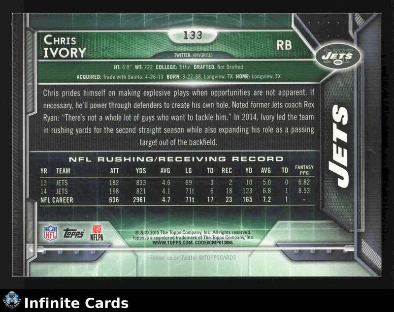 2015 Topps CHRIS IVORY #133 New York Jets - Football Card Single