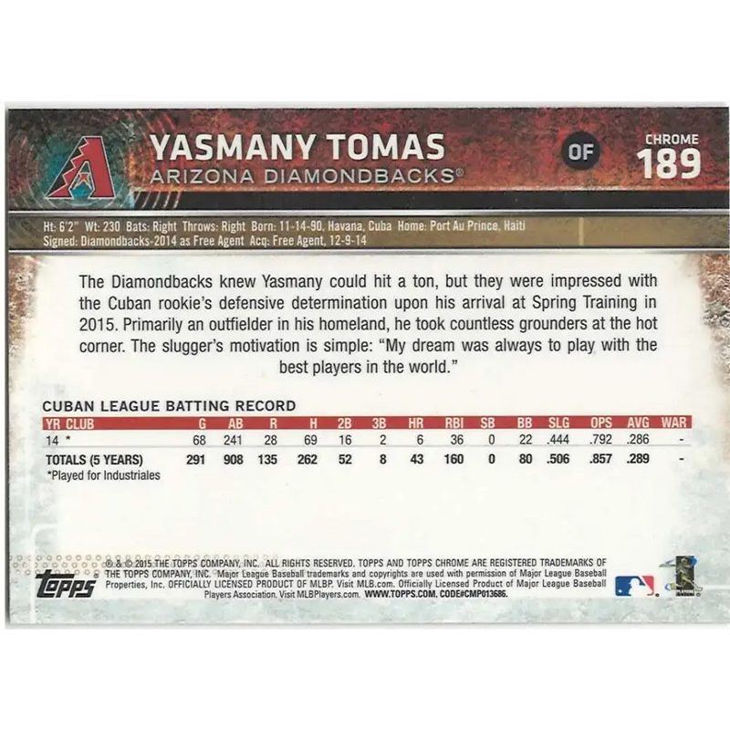 2015 Topps Chrome #189 Yasmany Tomas NM-MT RC Rookie Arizona Diamondbacks Baseball Card - Baseball Card Single