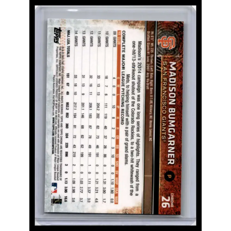 2015 Topps Chrome #26 Madison Bumgarner NM-MT San Francisco Giants Baseball Card - Baseball Card Single