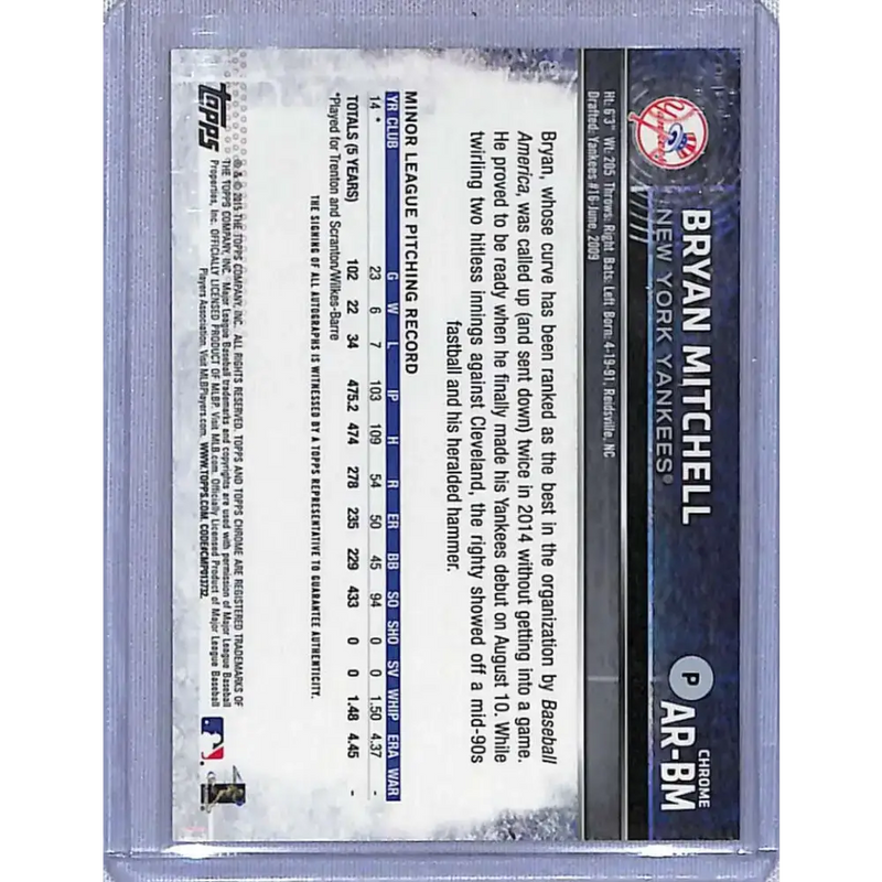 2015 Topps Chrome #AR-BM Bryan Mitchell Autographed Rookies NM-MT Baseball Card - Baseball Card Single