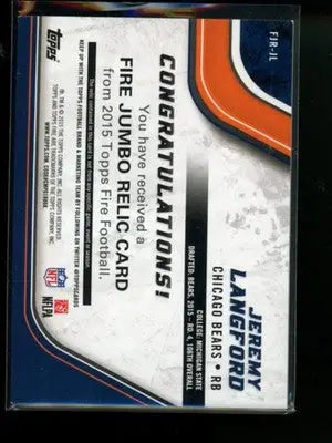 2015 Topps Fire Jeremy Langford #FJR-JL 22/99 Jumbo Relic Football - Football Card Single