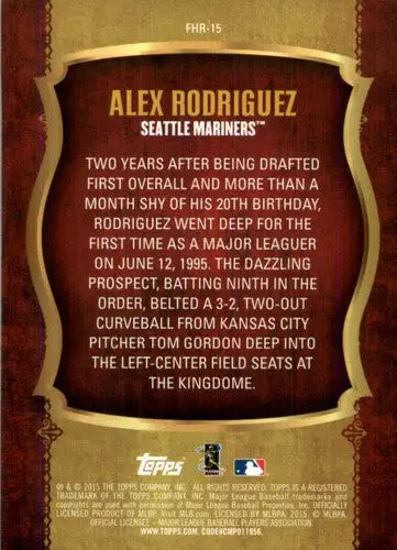 Baseball card back showing original gloss from 2015 Topps First Home Run Alex Rodriguez Mariners