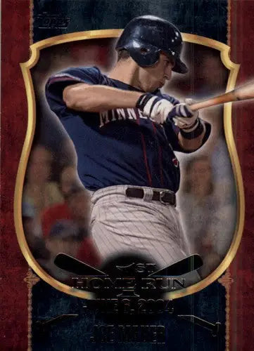 Baseball trading card featuring Joe Mauer in batting stance with original gloss and home run focus