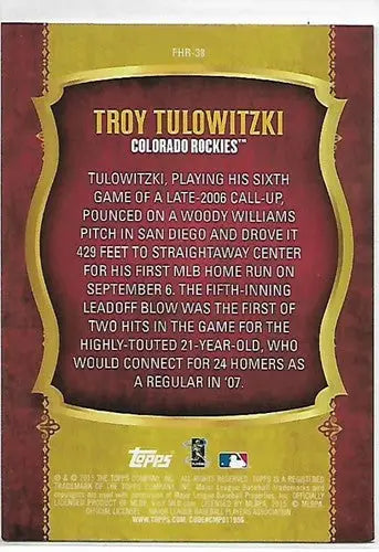 2015 Topps First Home Run #FHR-38 Troy Tulowitzki NM-MT Rockies ID:57927 - Baseball Card Single