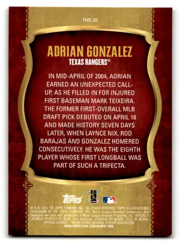 2015 Topps First Home Run Gold #FHR-20 Adrian Gonzalez NM Near Mint Ran ID:60911 - Baseball Card Single
