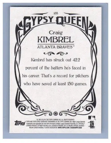 2015 Topps Gypsy Queen #135 Craig Kimbrel NM Near Mint Braves ID:11379 - Baseball Card Single