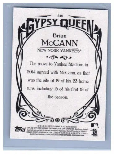 Baseball card featuring Brian McCann from 2015 Topps Gypsy Queen Yankees series
