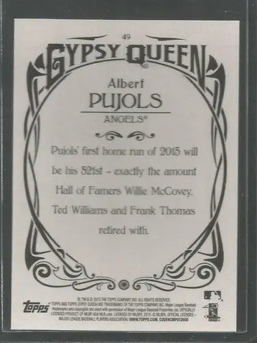 Original gloss baseball trading card for Albert Pujols from Topps Gypsy Queen series