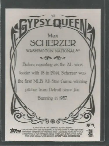2015 Topps Gypsy Queen #93 Max Scherzer NM-MT Nationals - Baseball Card Single