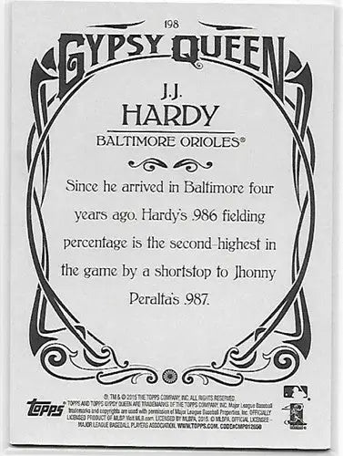 J J Hardy baseball card from 2015 Topps Gypsy Queen Framed White series