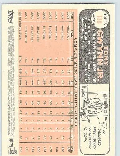Original gloss 2015 Topps Heritage Tony Gwynn Jr. baseball card Phillies ID:71951