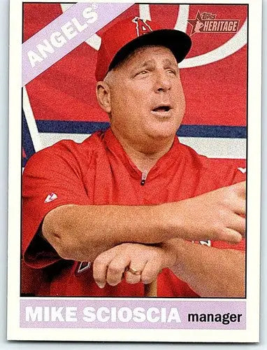 2015 Topps Heritage Mike Scioscia baseball card with original gloss and Angels team