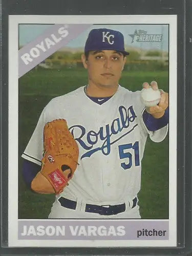 Original gloss 2015 Topps Heritage Jason Vargas Royals baseball card NM-MT scene