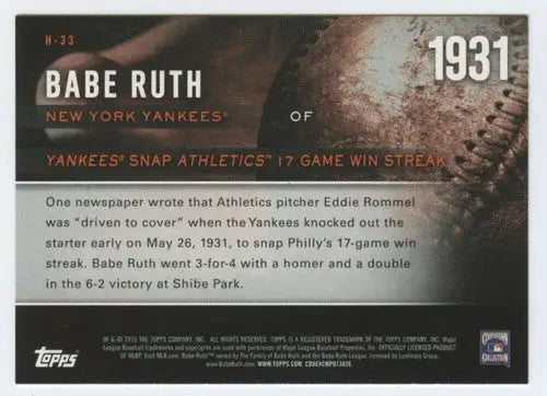 2015 Topps Highlight of the Year #H-33 Babe Ruth NM-MT Yankees ID:72917 - Baseball Card Single