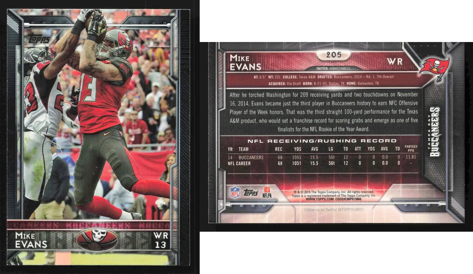 2015 Topps MIKE EVANS #205 Tampa Bay Buccaneers - Football Card Single