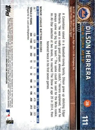 Original gloss on 2015 Topps Opening Day Baseball card back featuring Dilson Herrera rookie