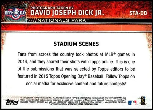 Baseball card back from 2015 Topps Opening Day Stadium Scenes featuring David Joseph Dick Jr