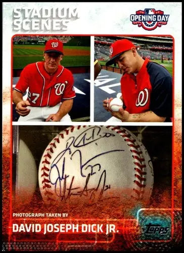 Topps Opening Day Stadium Scenes baseball card with player photos and signed baseball