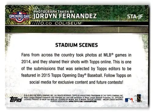 2015 Topps Opening Day Stadium Scenes #STA-JF Jordyn Fernandez NM-MT At ID:71067 - Baseball Card Single