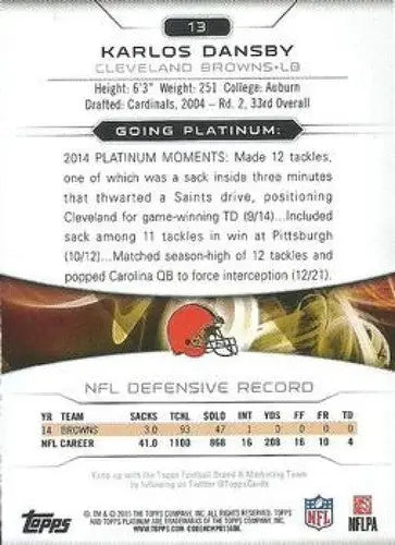 2015 Topps Platinum #13 Karlos Dansby NM-MT Browns ID:81941 - Football Card Single