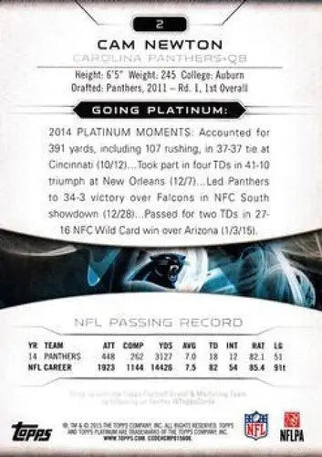 2015 Topps Platinum #2 Cam Newton NM-MT Panthers ID:81939 - Football Card Single