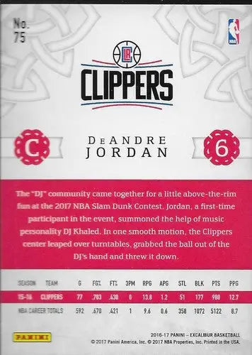 Original gloss DeAndre Jordan basketball card from Panini Excalibur 2016-17 Clippers