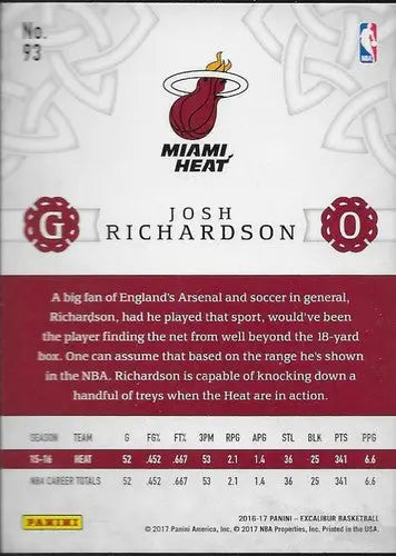 2016-17 Panini Excalibur #93 Josh Richardson NrMt-Mt Heat - Basketball Card Single