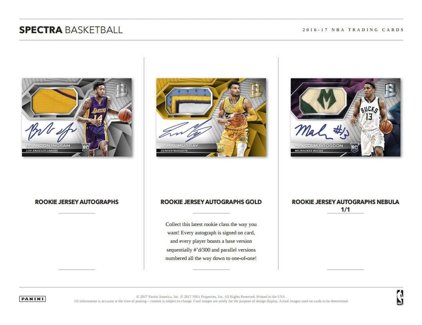 Product sheet with three basketball trading card variations from Panini Spectra Basketball