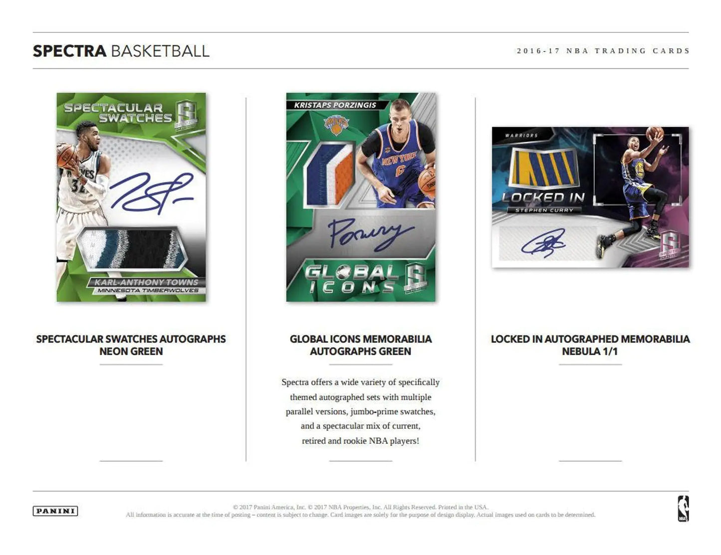 Page from 2016-17 Panini Spectra Basketball catalog with rookie jersey autographs and NBA icons