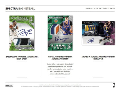 Page from 2016-17 Panini Spectra Basketball catalog with rookie jersey autographs and NBA icons