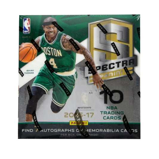 Sealed 2016-17 Panini Spectra NBA trading cards box featuring Isaiah Thomas rookie jersey autographs