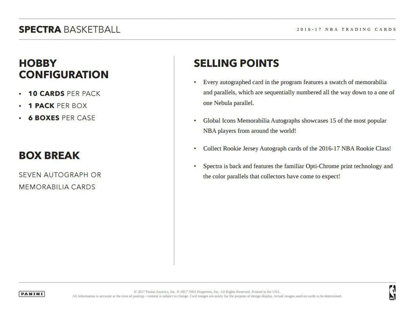 Product sheet for 2016-17 Panini Spectra Basketball hobby box with rookie jersey autographs and global icons memorabilia
