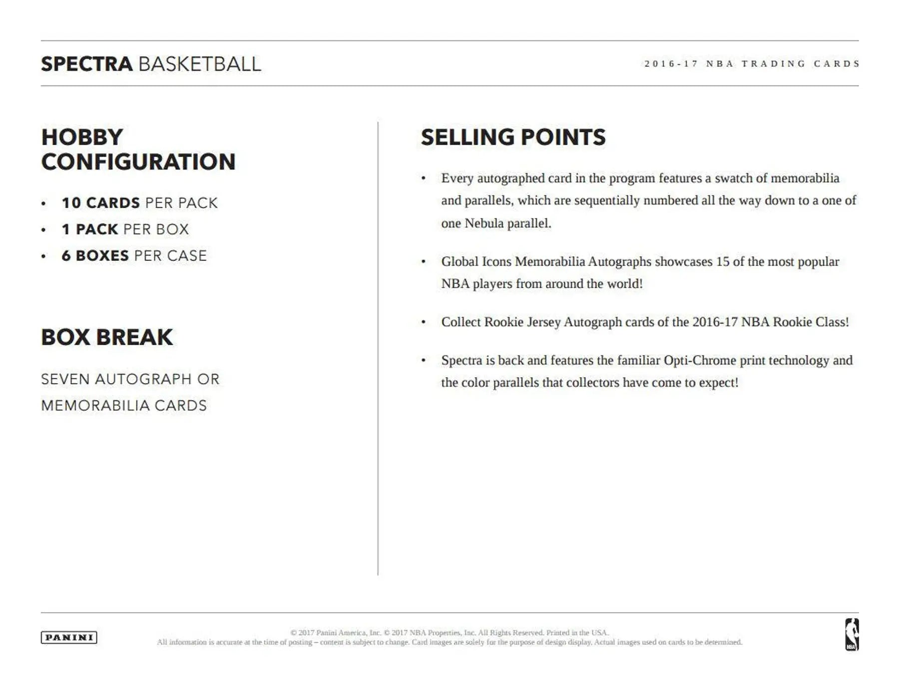 Product sheet for 2016-17 Panini Spectra Basketball hobby box with rookie jersey autographs and global icons memorabilia