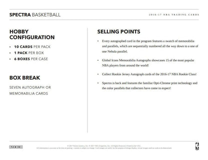 Product sheet for 2016-17 Panini Spectra Basketball hobby box with rookie jersey autographs and global icons memorabilia
