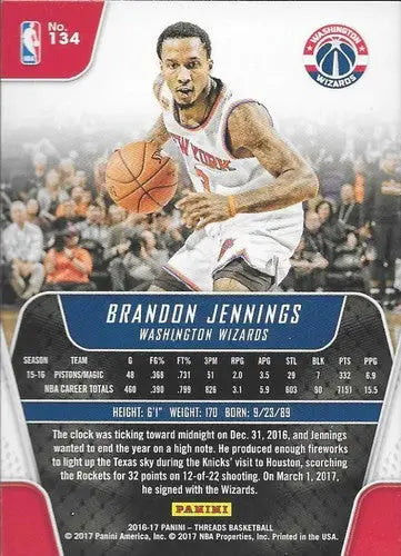 2016-17 Panini Threads #134 Brandon Jennings NM-MT Wizards - Basketball Card Single