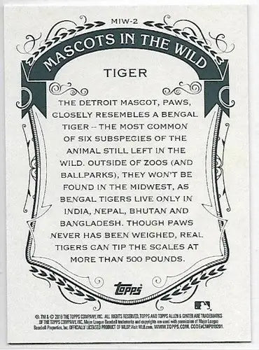 2016 Allen and Ginter Mascots in the Wild #MIW-2 Tiger NM-MT ID:19345 - Baseball Card Single