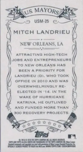 Original gloss Mayors mini trading card of Mitch Landrieu from 2016 Allen and Ginter