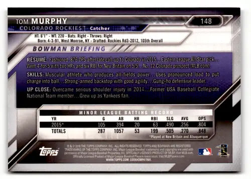 Tom Murphy original gloss 2016 Bowman rookie baseball card near mint RC