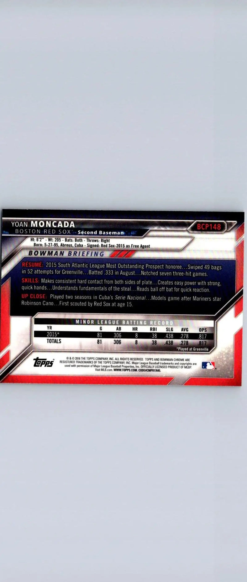 Baseball card back of 2016 Bowman BCP148 Yoan Moncada Chrome Prospects collectible