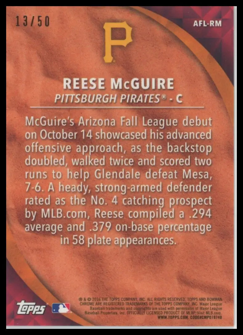 2016 Bowman Chrome - 2015 AFL Fall Stars Game Gold Reese McGuire AFL-RM /50 NM - Baseball Card Single