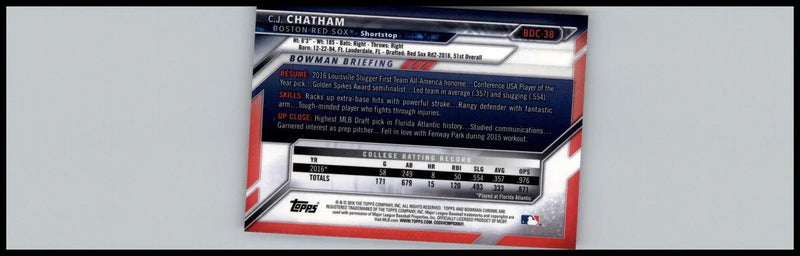 2016 Bowman Draft #BDC-38 C.J. Chatham Chrome Boston Red Sox - Baseball Card Single