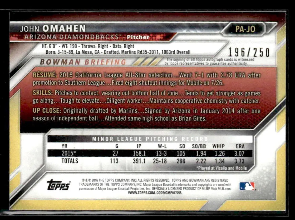 2016 Bowman #PA-JO John Omahen Paper Prospect Autographs Purple #/250 - Baseball Card Single