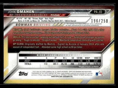 2016 Bowman #PA-JO John Omahen Paper Prospect Autographs Purple #/250 - Baseball Card Single