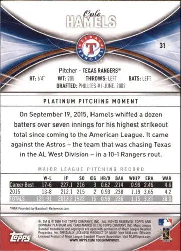 Original gloss Bowman Platinum Cole Hamels baseball card 2016 Rangers NM-MT