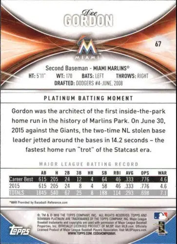 Dee Gordon baseball card back with original gloss from 2016 Bowman Platinum sports cards
