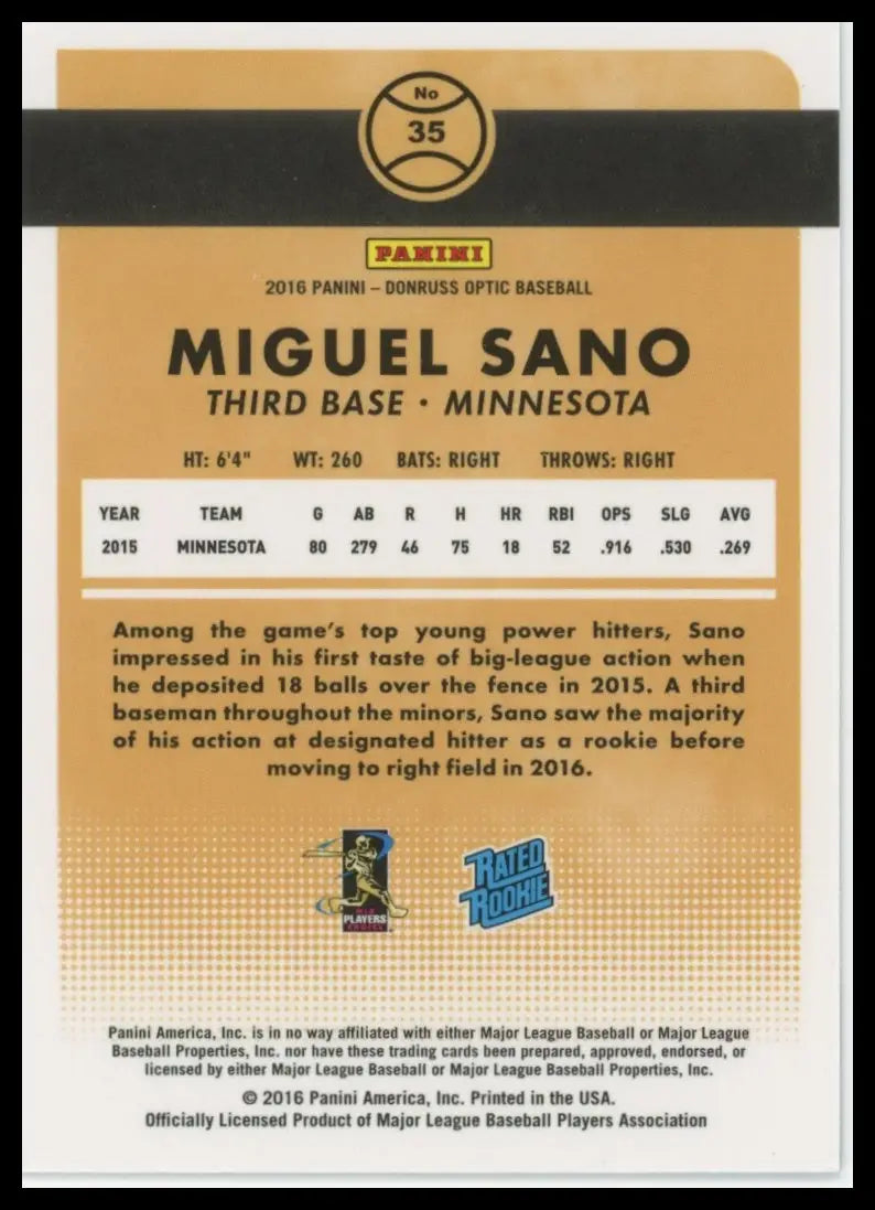 2016 Donruss Optic Miguel Sano RC 35 Minnesota Twins Baseball NM - Baseball Card Single