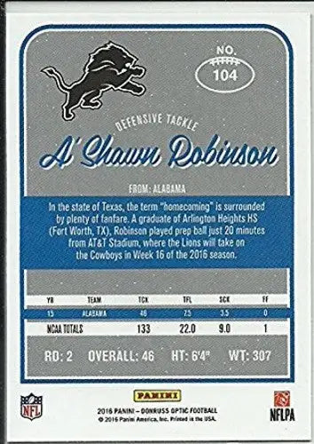 Football card back from 2016 Donruss Optic Rookies Pink A’Shawn Robinson NM-MT Lions