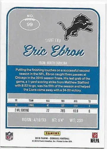 Original gloss Donruss Press Proofs Blue Eric Ebron football card Lions 2016