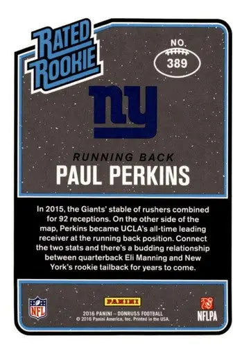 Paul Perkins football card from 2016 Donruss Rated Rookies NY Giants sports cards collection